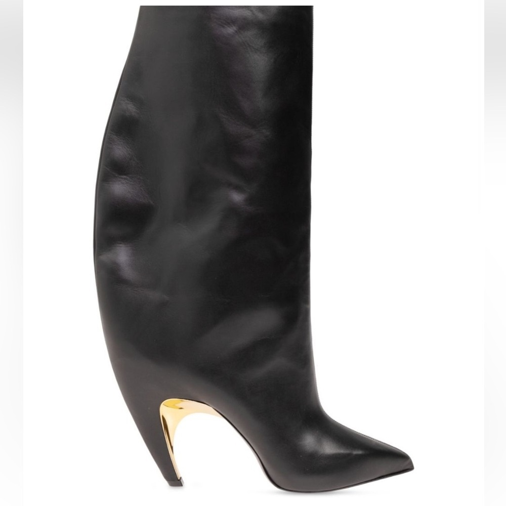 Alexander McQueen Black Leather Knee Boots with Gold Heel Accent